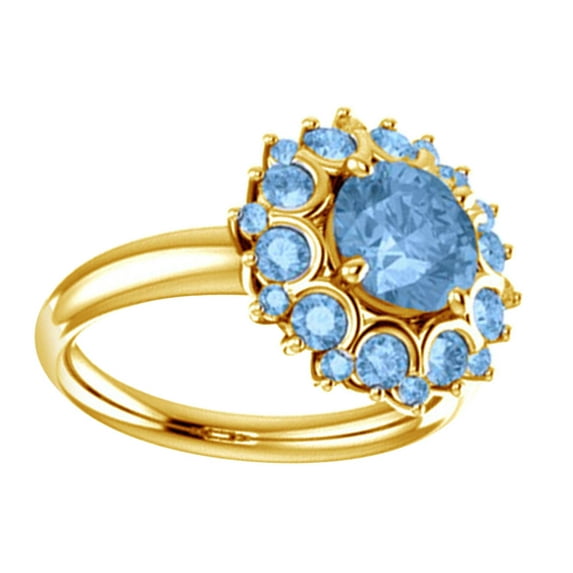 AFFY Simulated Sky Blue Topaz Halo Style Cluster Floral Ring In 14K Yellow Gold (0.37 Cttw)