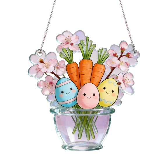 Simulated Stained Glass Flower Easter Basket Suncatcher - Colorful Egg Floral Window Hanging Decor for Spring Home, Holiday Party & Festive Display