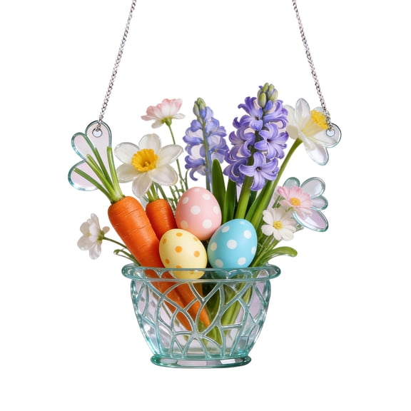 Simulated Stained Glass Flower Easter Basket Suncatcher - Colorful Egg Floral Window Hanging Decor for Spring Home, Holiday Party & Festive Display