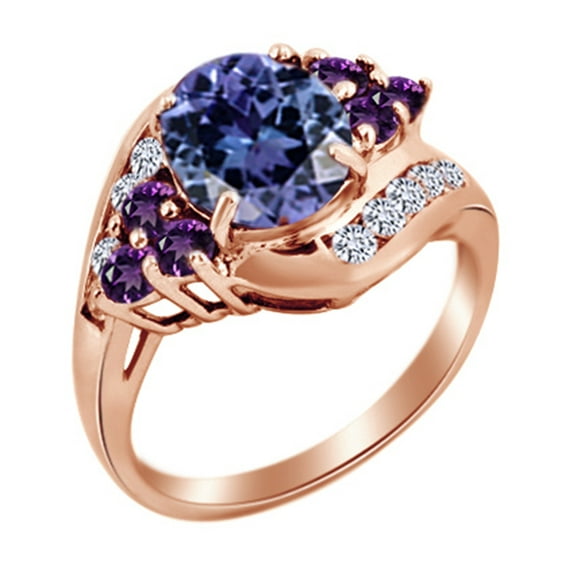 AFFY Simulated Tanzanite, Amethyst & White Topaz Wedding Ring in 14k Rose Gold Over Sterling Silver Ring Size - 4.5