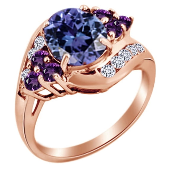 AFFY Simulated Tanzanite, Amethyst & White Topaz Wedding Ring in 14k Rose Gold Over Sterling Silver Ring Size - 8