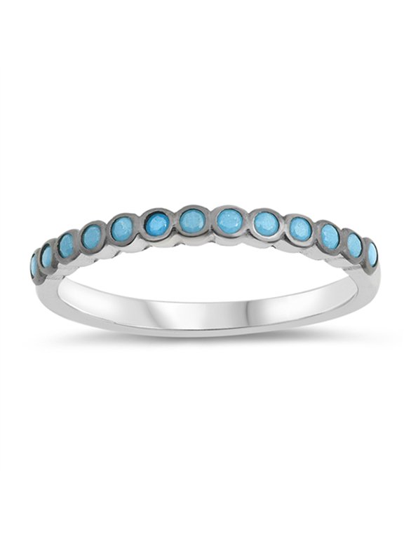 Simulated Turquoise Accent Round Stackable Ring .925 Sterling Silver Band Blue CZ Female Size 8