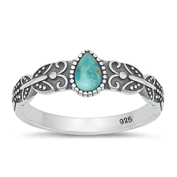 Simulated Turquoise Bali Ring .925 Oxidized Sterling Silver Band Blue CZ Jewelry Female Size 7