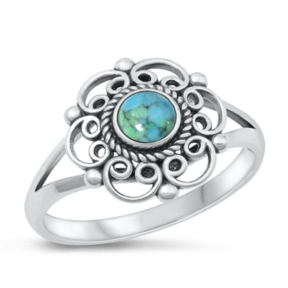 Simulated Turquoise Bali Ring .925 Sterling Silver Band Blue Cubic Zirconia Jewelry Female Size 9