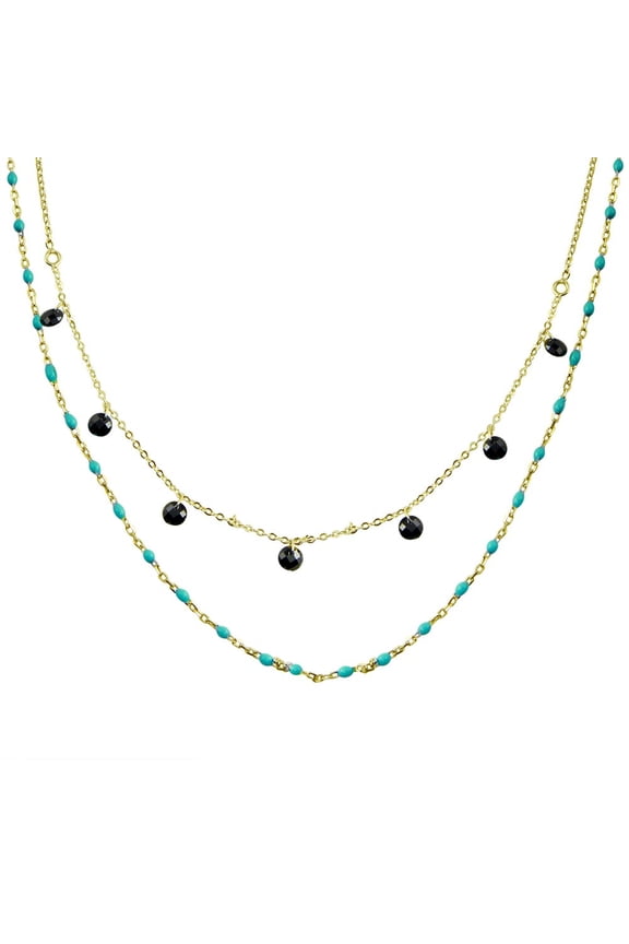 Simulated Turquoise Black Cubic Zirconia Double Necklace Gold-Toned Sterling Silver