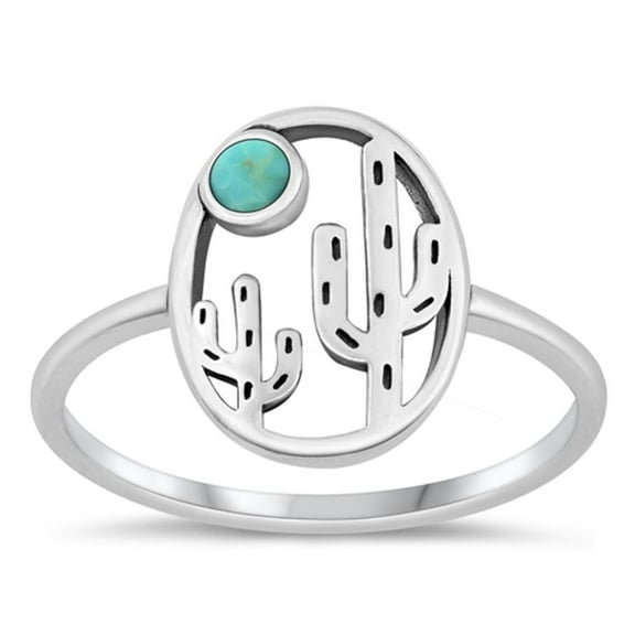 Simulated Turquoise Cactus Ring 925 High Polished Sterling Silver Band Blue CZ Female Size 6