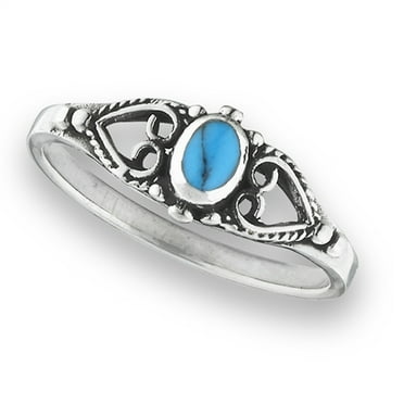 Simulated Turquoise Celtic Filigree Heart Beaded Ring .925 Sterling Silver Band Blue CZ Female Size 5