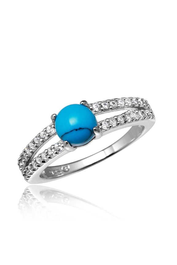 Simulated Turquoise Center Cubic Zirconia Wedding Band Ring Rhodium Plated Sterling Silver Size 7