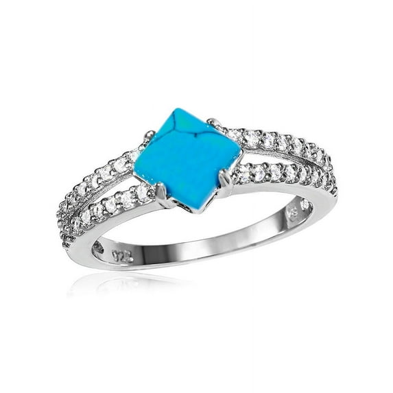 Simulated Turquoise Center Cubic Zirconia Wedding Band Ring Rhodium Plated Sterling Silver Size 9