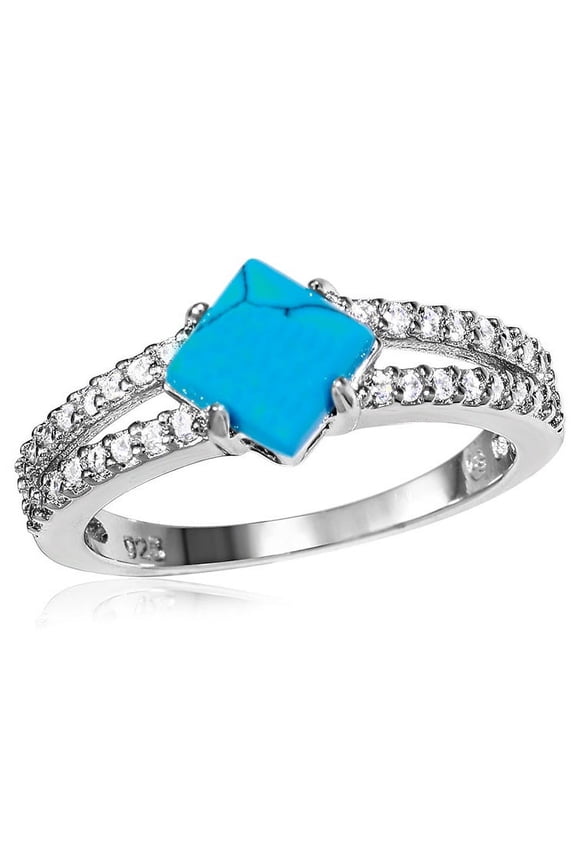 Simulated Turquoise Center Cubic Zirconia Wedding Band Ring Rhodium Plated Sterling Silver Size 9