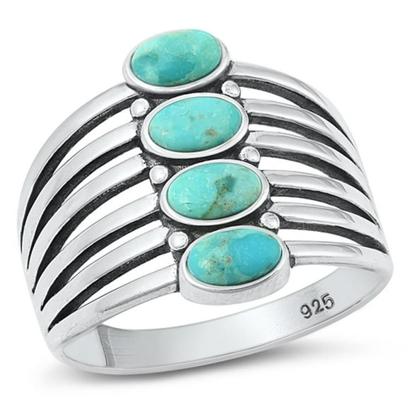 Simulated Turquoise Cocktail Chunk Ring .925 Sterling Silver Band Blue CZ Jewelry Female Size 6