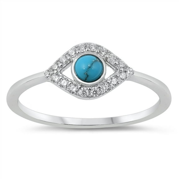 Simulated Turquoise Cubic Zirconia Evil Eye Ring Sterling Silver Size 8