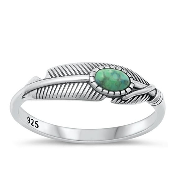 Simulated Turquoise High Polished Ring .925 Sterling Silver Feather Band Blue CZ Female Size 9