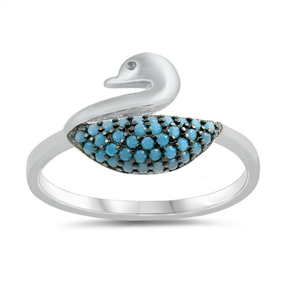Simulated Turquoise Micro Pave Swan Bird Animal Ring .925 Sterling Silver Band Blue CZ Female Size 8