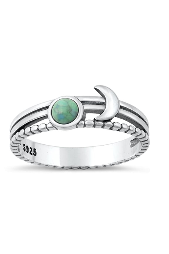 Simulated Turquoise Mid Modern Promise Moon Ring .925 Sterling Silver Band Blue CZ Female Size 8