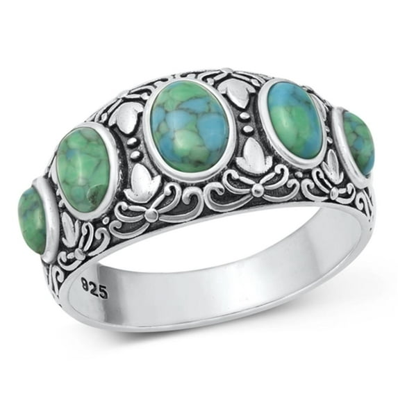 Simulated Turquoise Oxidized Bali Ring .925 Sterling Silver Band Blue CZ Jewelry Female Size 6