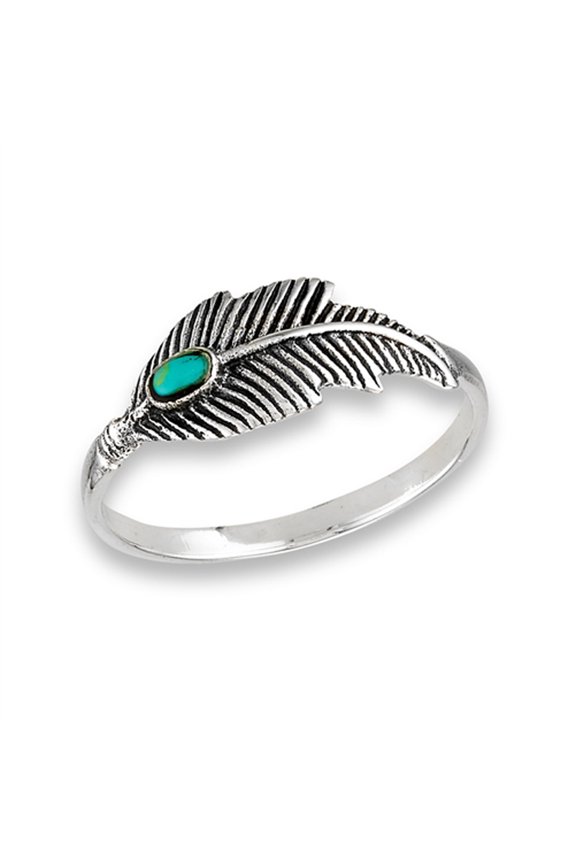 Simulated Turquoise Oxidized Feather Ring .925 Sterling Silver Tree Leaf Band Blue CZ Female Size 9
