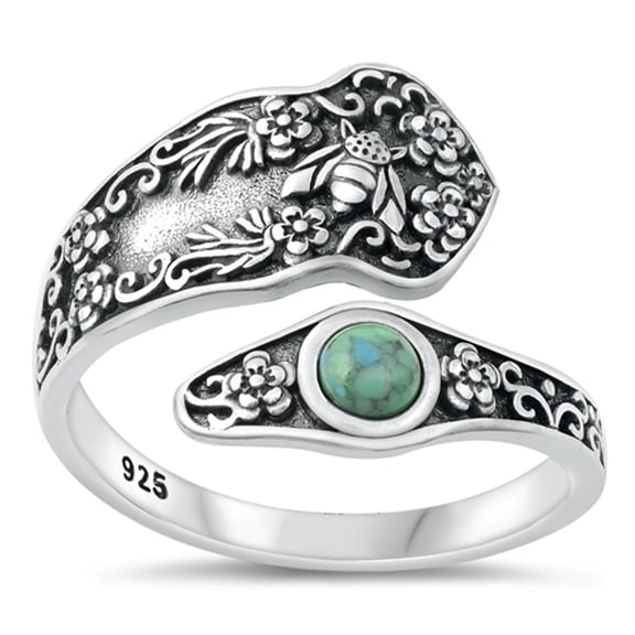 Simulated Turquoise Oxidized Spoon Ring .925 Sterling Silver Band Blue CZ Jewelry Female Size 9