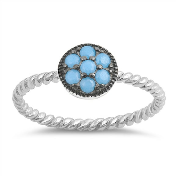 Simulated Turquoise Rope Twisted Flower Ring .925 Sterling Silver Band Blue CZ Female Size 6