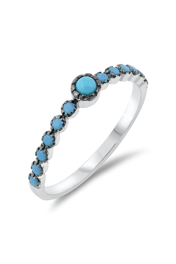 Simulated Turquoise Round Black Halo Dainty Stacking Ring Sterling Silver Band Blue CZ Female Size 5