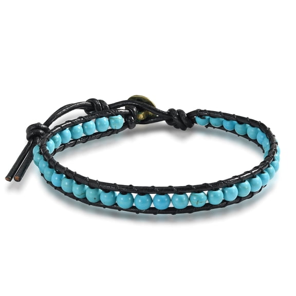 Simulated Turquoise Round Charm Single Strand Leather Bracelet