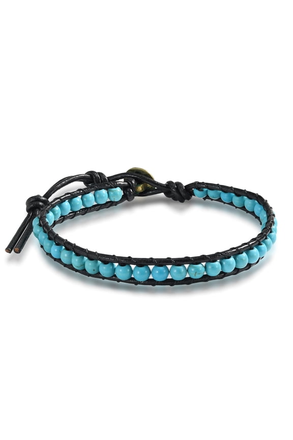 Simulated Turquoise Round Charm Single Strand Leather Bracelet