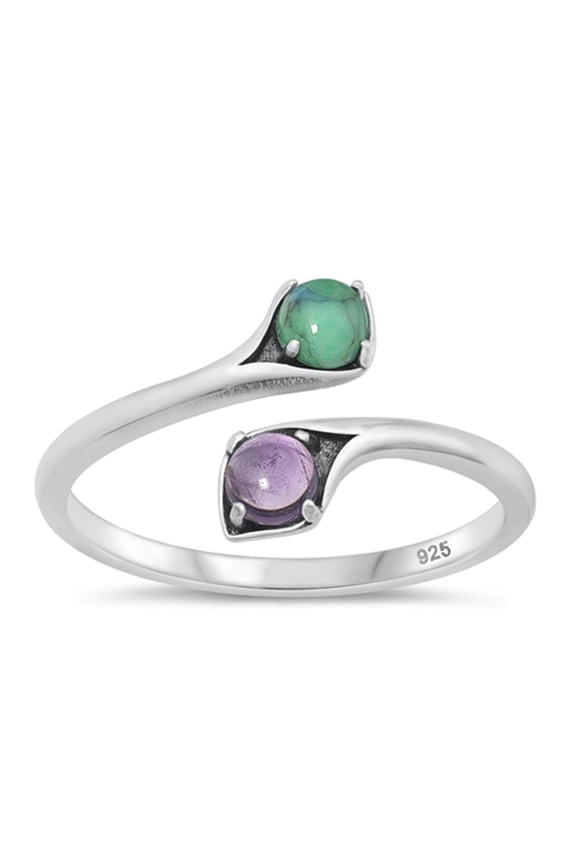Simulated Turquoise & Simulated Amethyst Spoon Ring .925 Sterling Silver Band Blue CZ Female Size 10