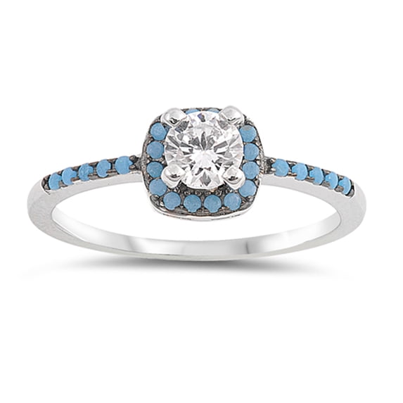 Simulated Turquoise Solitaire Halo Ring .925 Sterling Silver Band White Cubic Zirconia Female Size 9