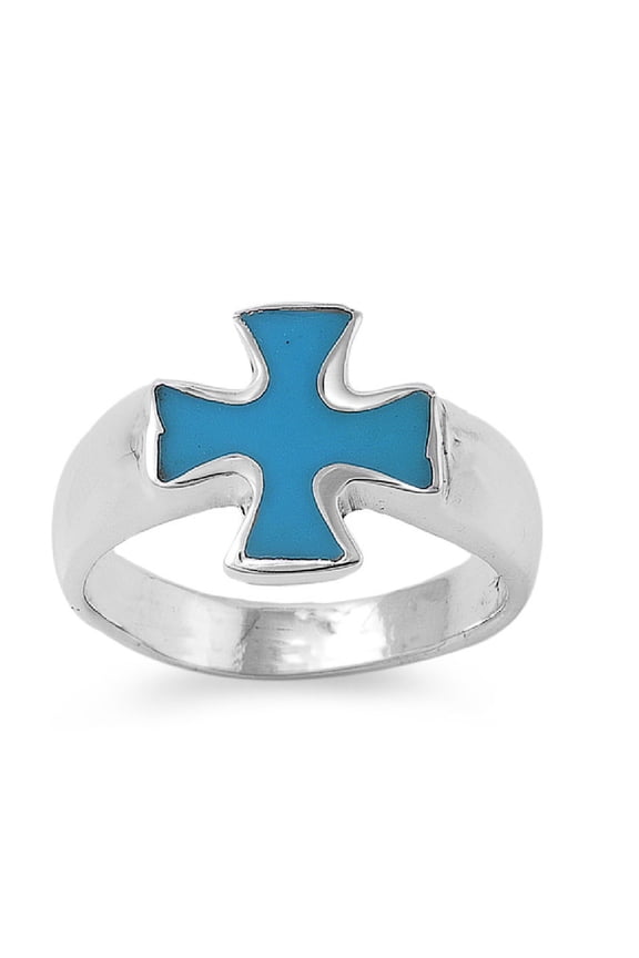 Simulated Turquoise Stone Iron Cross Ring Sterling Silver