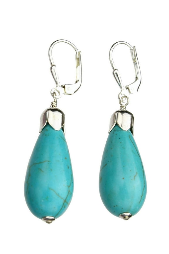 Simulated Turquoise Stone Teardrop Beads Sterling Silver Leverback Earrings