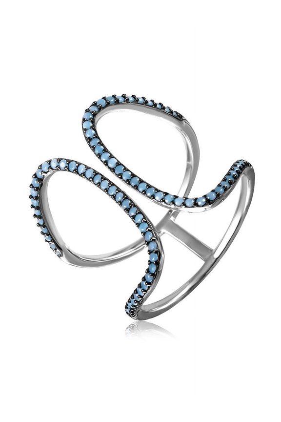 Simulated Turquoise Stones Open Design Ring Rhodium Plated Sterling Silver Size 9