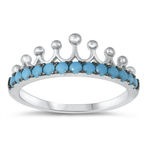 Simulated Turquoise Stones Royal Crown Ring Sterling Silver Size 6
