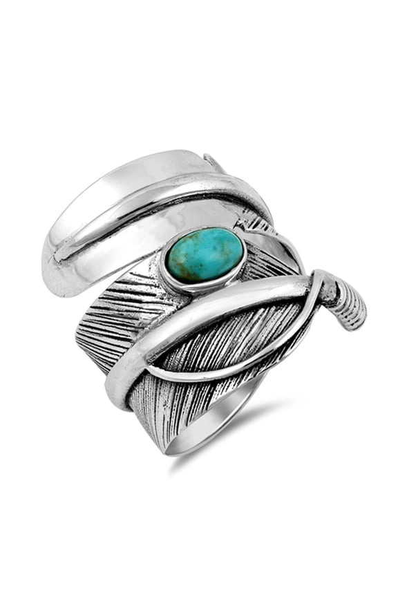 Simulated Turquoise Twisted Feather Boho Wide Nature Ring Sterling Silver Band Blue CZ Female Size 7