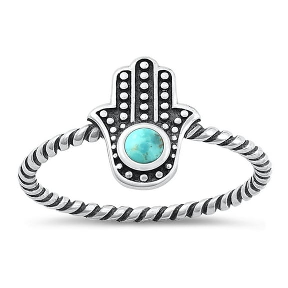 Simulated Turquoise Wholesale Hamsa Bali Ring .925 Sterling Silver Band Blue CZ Female Size 8