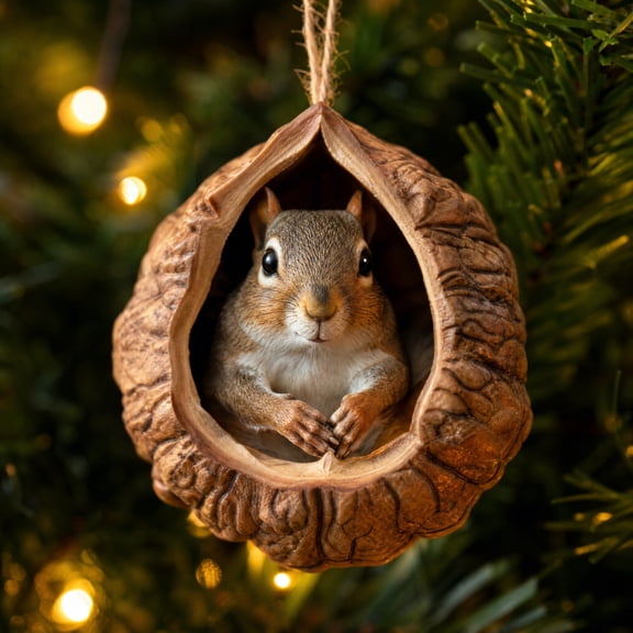 Simulated Walnut Shell Forest Animal Christmas Ornament,Resin Squirrel Hanging Pendant,Rustic Wood Texture Hollow Nut Shell Decor,Holiday Tree Hanging Gift for Wildlife Lovers