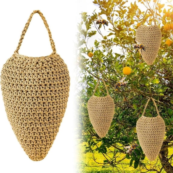 Simulated Wasp Honeycomb Net Bag for Outdoor Wasp Control, Natural Cotton Rope Hand-Woven Decorative Hanging Nest, Durable Weatherproof Garden Patio Farm Orchard Pest Repellent