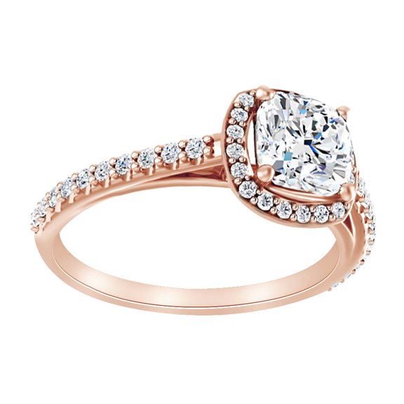 AFFY Simulated White Moissanite & Natural Diamond Engagement Ring In 14K Rose Gold, Size-7.5