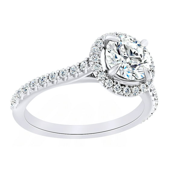 AFFY Simulated White Moissanite & Natural Diamond Halo Engagement Ring In 14K White Gold, Size-5.5