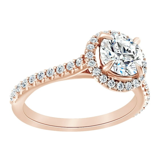 AFFY Simulated White Moissanite With Natural Diamond Halo Engagement Ring In 14K Rose Gold, Size-7