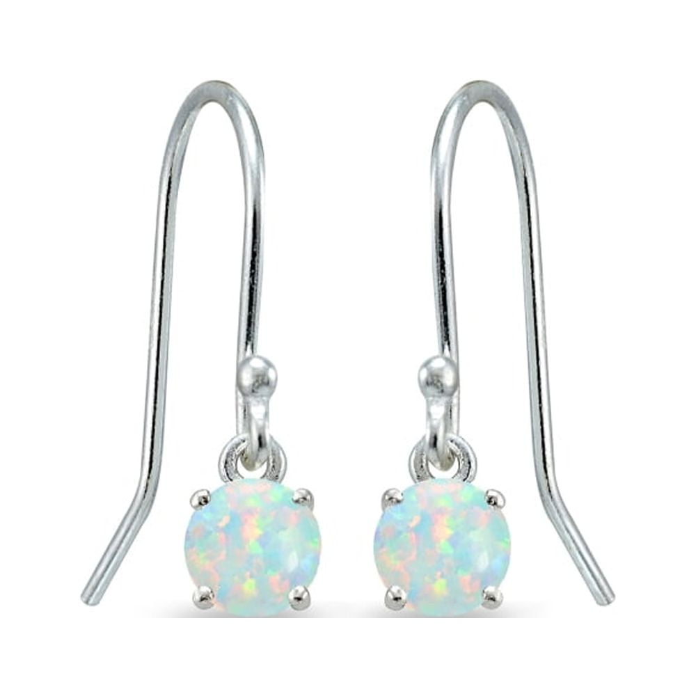 Simulated White Opal 5mm Round Small Solitaire Sterling Silver Dangle Earrings
