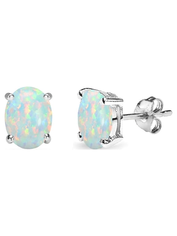 Simulated White Opal 6x4mm Oval-Cut Solitaire Sterling Silver Stud Earrings