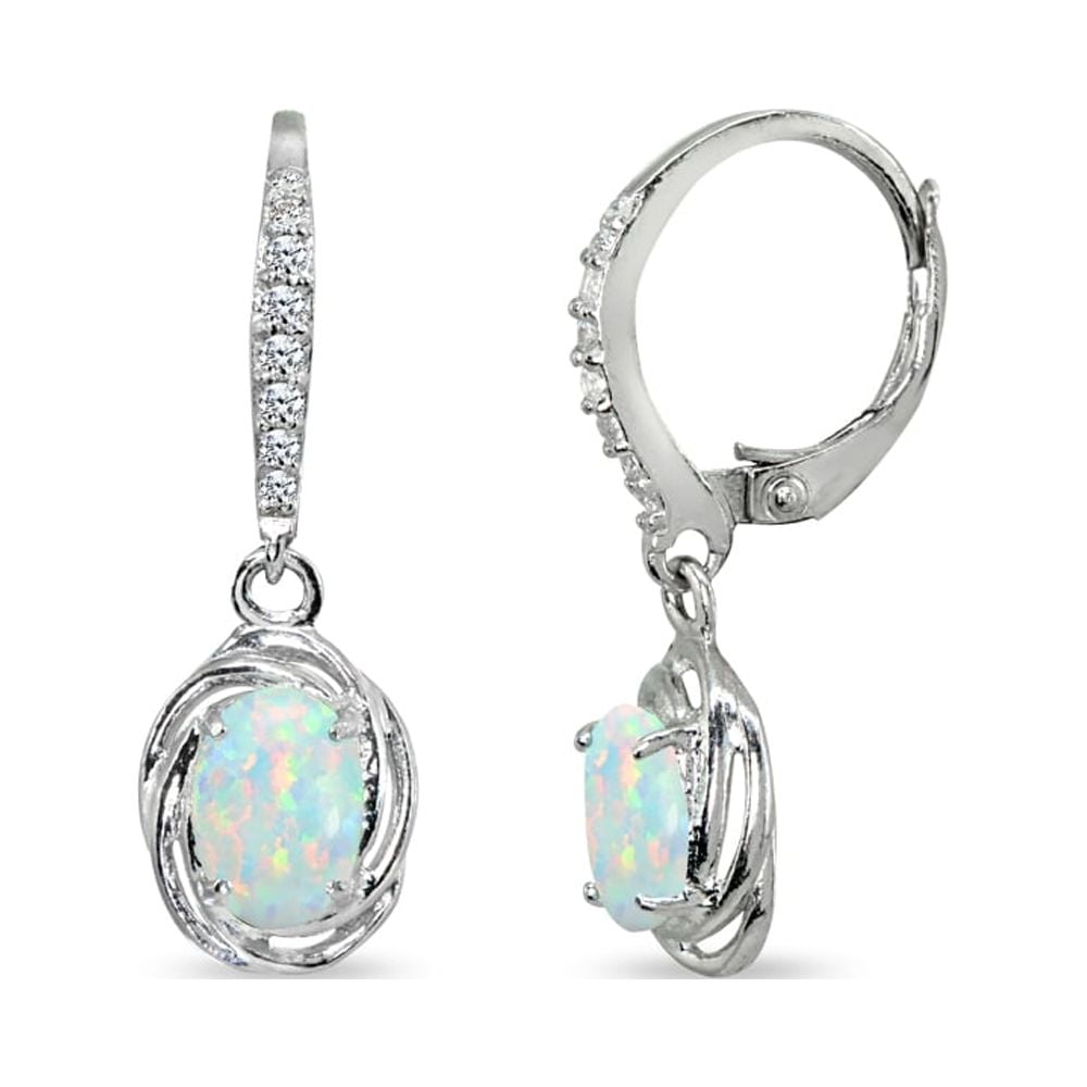 Simulated White Opal & CZ 7x5mm Oval Love Knot Sterling Silver Dangle Earrings