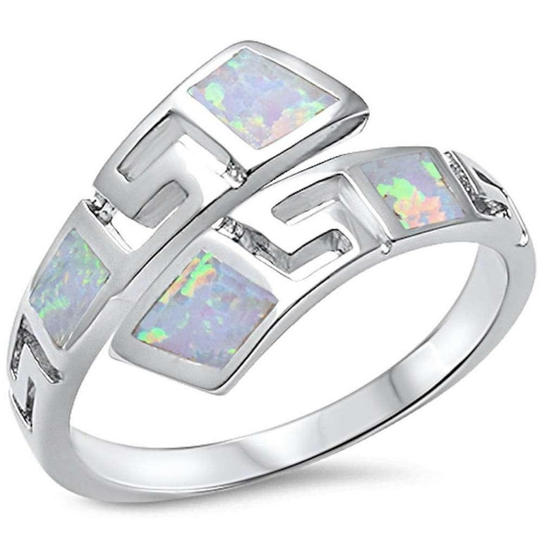 Simulated White Opal Greek Key Design Band Ring Sterling Silver