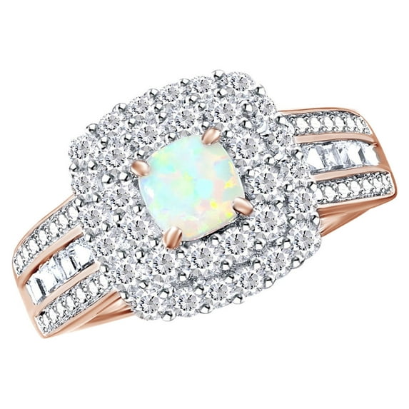 AFFY Simulated White Opal and White Sapphire Double Halo Ring In 14k Rose Gold Over Sterling Silver Ring Size-6.5