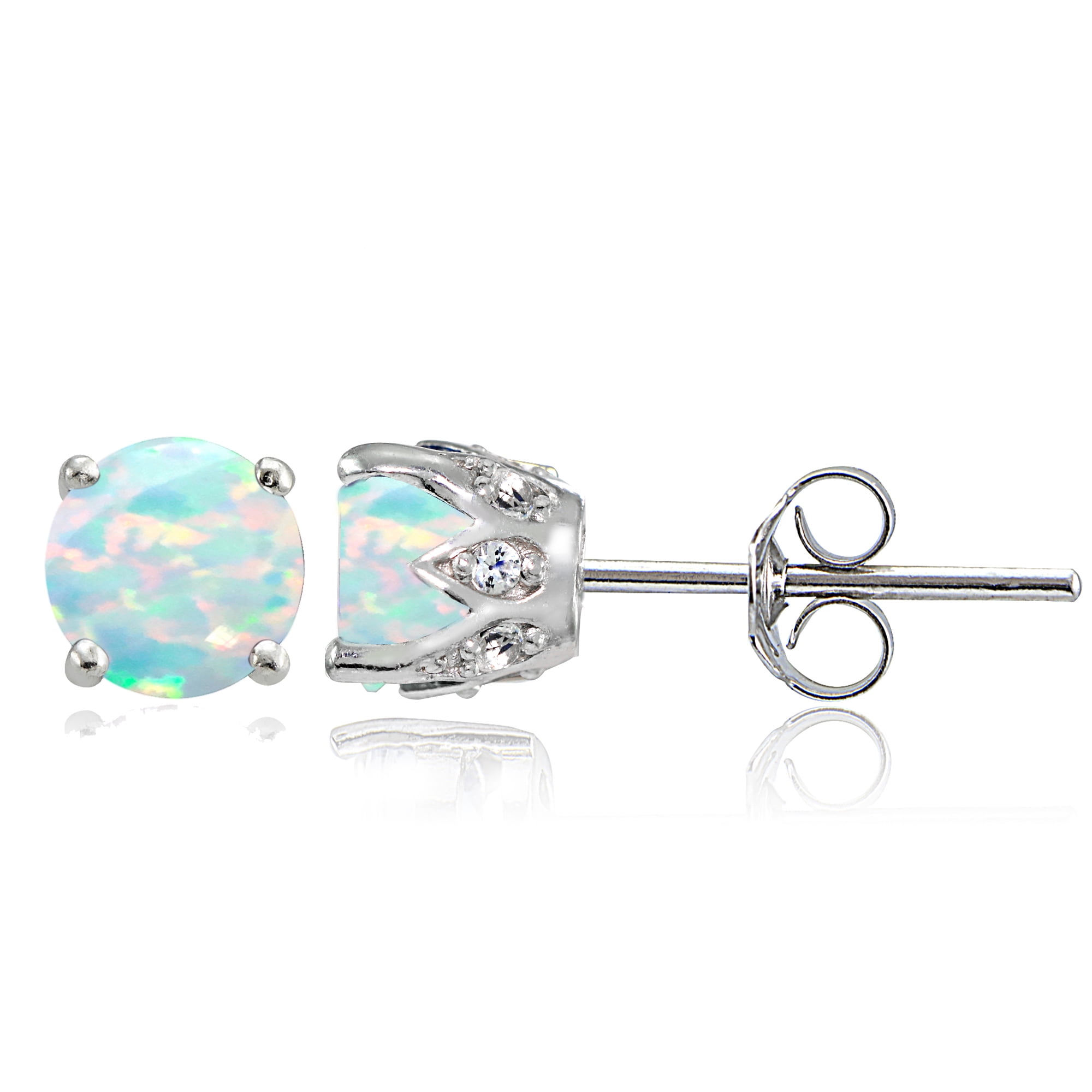 Simulated White Opal and White Topaz Sterling Silver Crown Stud Earrings