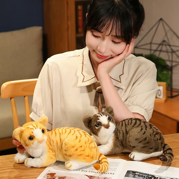Simulation Cat Fulande Pet cat Sleeping Kid Simulation Cat Plush Sound Toy Stuffed Doll Home Decoration, Simulation Plush Cat, yellow