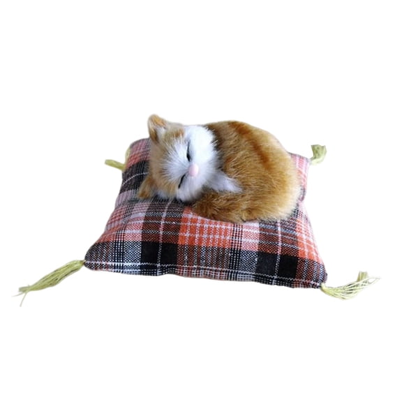 Simulation Cats Doll Ornament Realistic Furry Plush with Cushion Mat Desktop Doll for Home Bedroom Decoration