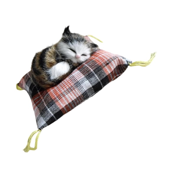 Simulation Cats Doll Ornament Realistic Furry Plush with Cushion Mat Desktop Doll for Home Bedroom Decoration