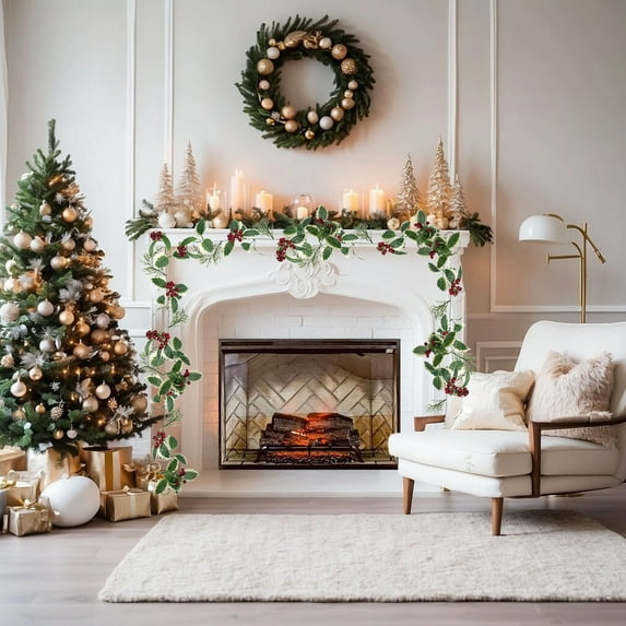 Simulation Christmas Garland Red Berries Pines Needles Garland Rattan Hanging Greenery Vines for Home Mantle Table Fireplace Holiday Decor (4.8FT)