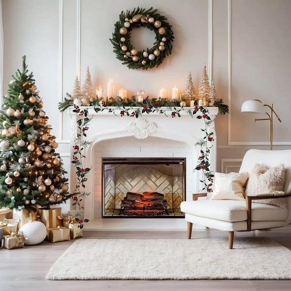 Simulation Christmas Garland Red Berries Pines Needles Garland Rattan Hanging Greenery Vines for Home Mantle Table Fireplace Holiday Decor (4.9FT)